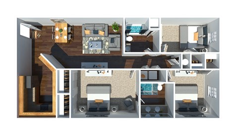 Floor plan for 3 beds, 2 baths, 1266 sqft
